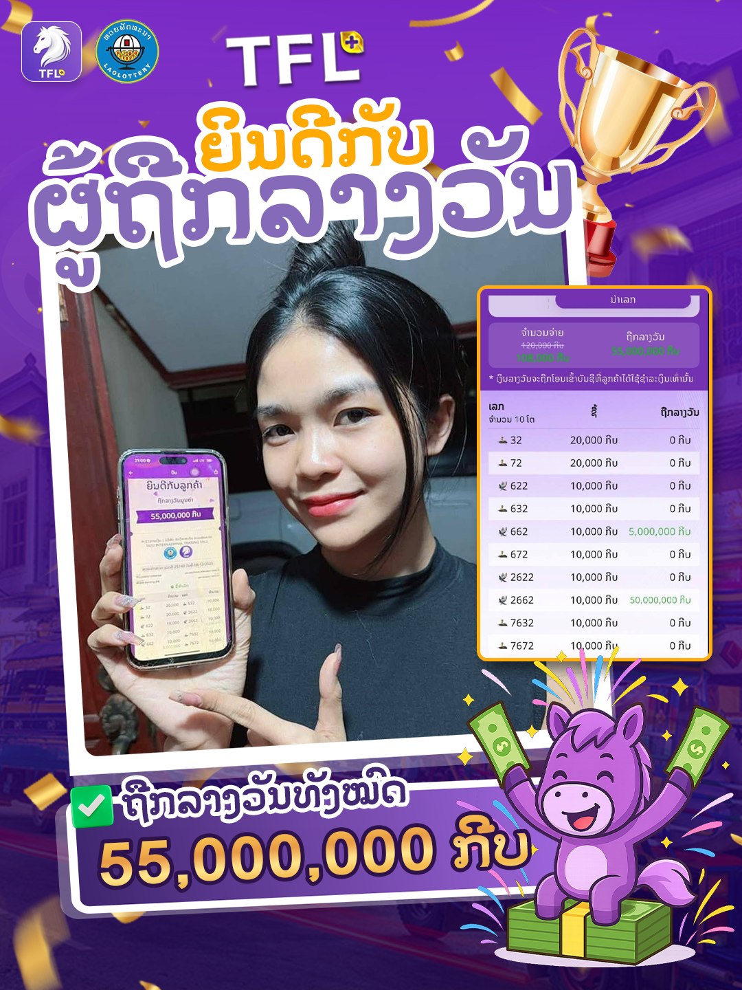 ผู้โชคดีรับรางวัล 55 ล้านกีบ